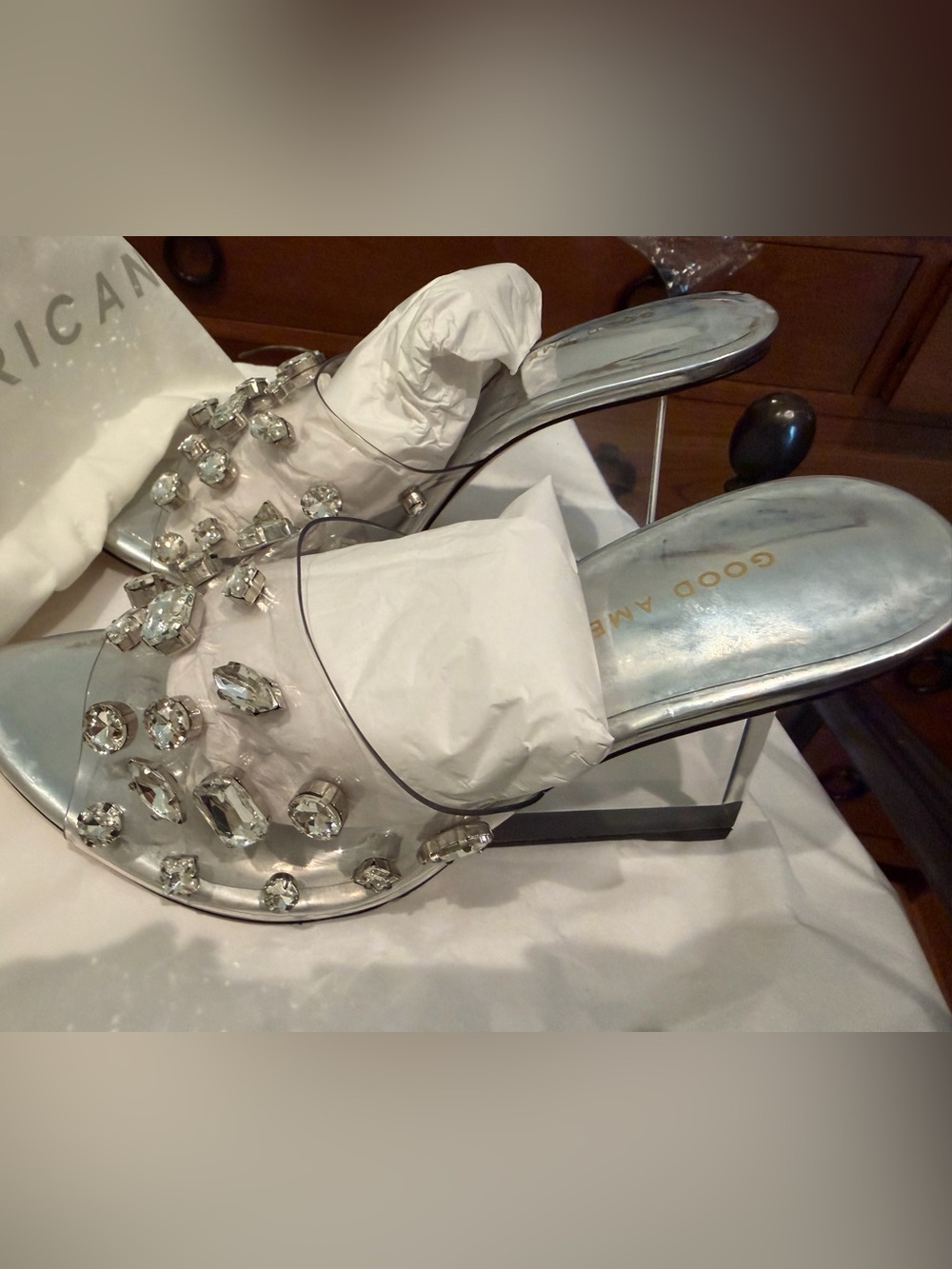 Good American Jeweled Wedge Heel-Embellished Clear Mules - Picture 2 of 7